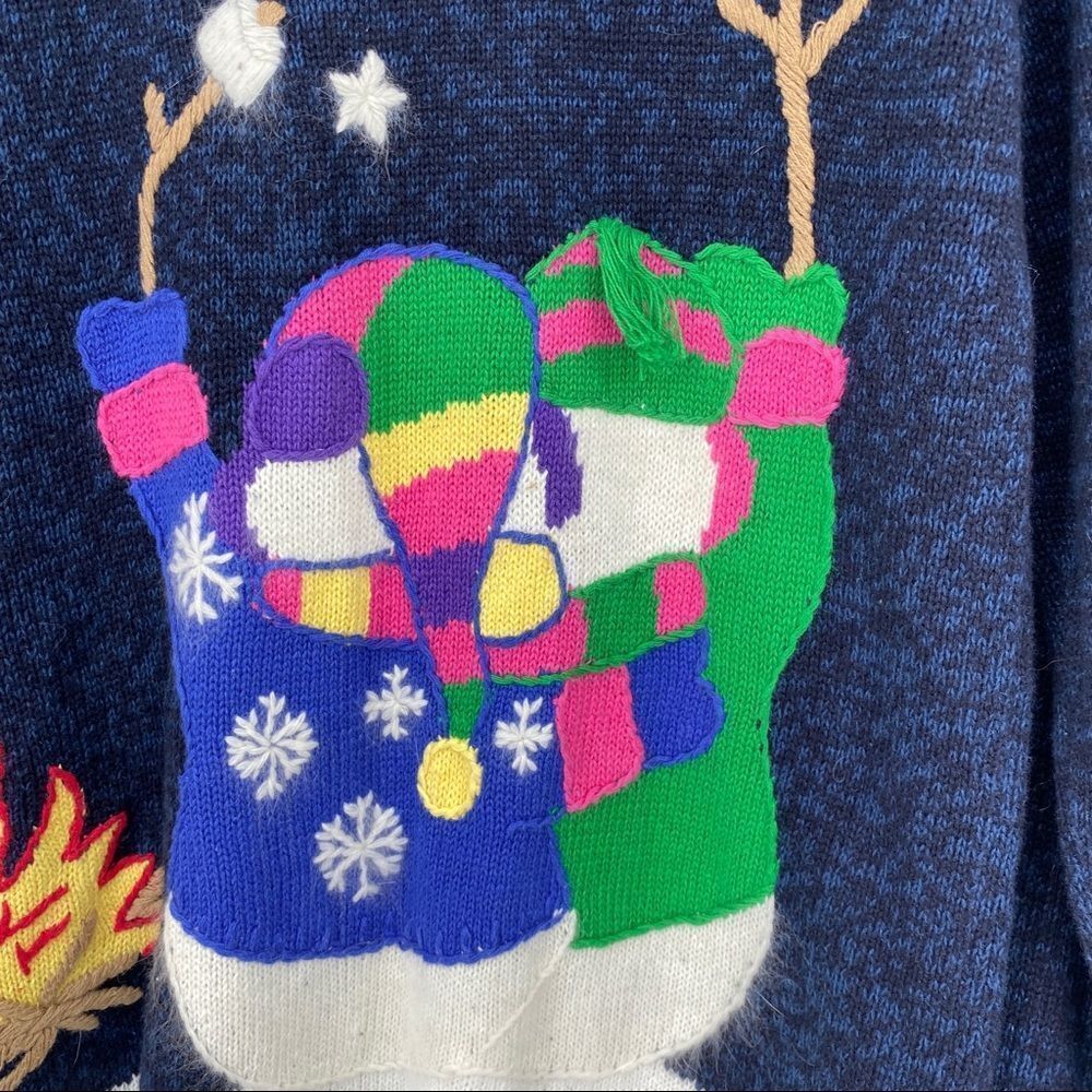 Quacker Factory Snowman Cardigan holiday sweater winter snow blue tassel medium - Picture 9 of 12